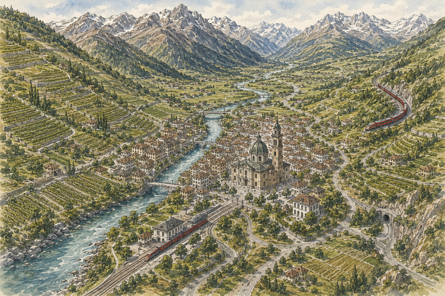 Mappa illustrata di Tirano e Valtellina